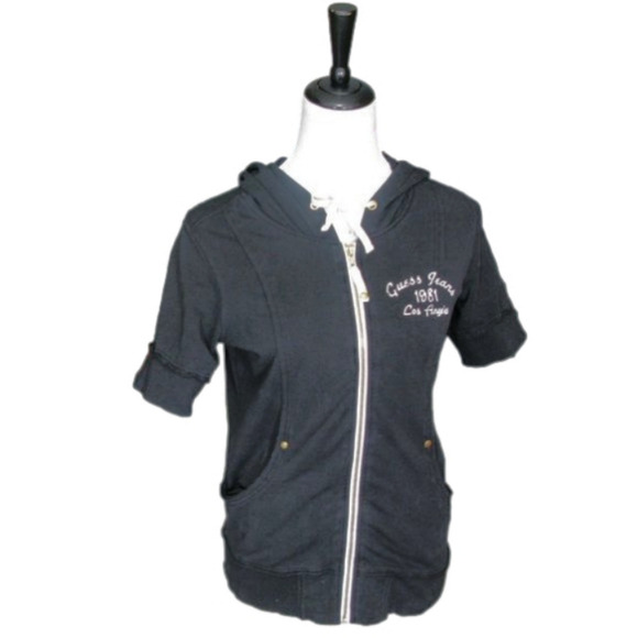 GUESS Black Short Sleeve Logo Hoodie Size Large - Picture 1 of 6